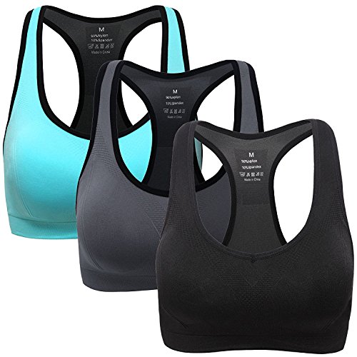 ANGOOL Damen Komfort Klassische Racerback Sport BH Top Fuer Yoga Fitness-Training, Schwarz+grau+azurblau, L Fit 80D 80DD 80E 85D 90BC 90D von ANGOOL