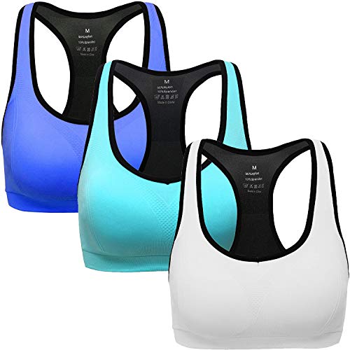 ANGOOL Damen Komfort Klassische Racerback Sport BH Top Fuer Yoga Fitness-Training, Blau Weiß Grün, L Fit 80D 80DD 80E 85D 90BC 90D von ANGOOL