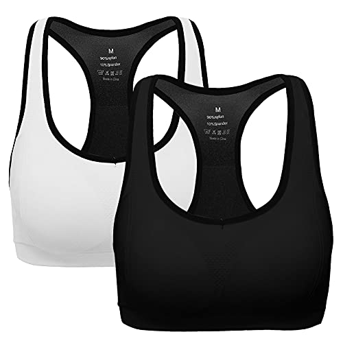 ANGOOL Damen Komfort Klassische Racerback Sport BH Top Fuer Yoga Fitness-Training, M Fit 70DD 70E 75D 80BC 85BC, Schwarz+weiß von ANGOOL