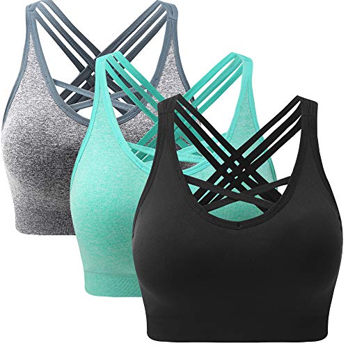 ANGOOL Damen Sport BH ohne Bügel Gepolstert Yoga Bra Kreuz Rücken Sport Bustier für Jogging Fitness, Schwarz+grau+grün, M von ANGOOL