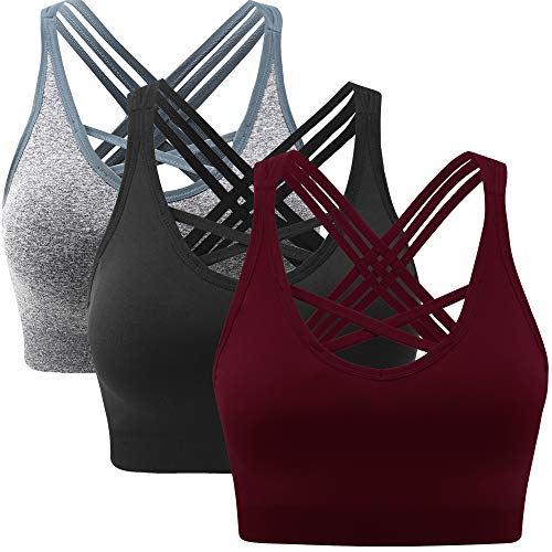 ANGOOL Damen Sport BH ohne Bügel Gepolstert Yoga Bra Kreuz Rücken Sport Bustier für Jogging Fitness, Schwarz+grau+weinrot, L von ANGOOL