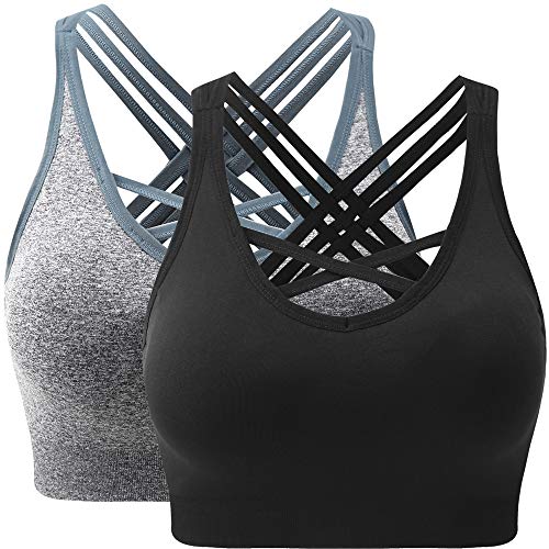 ANGOOL Damen Sport BH ohne Bügel Gepolstert Yoga Bra Kreuz Rücken Sport Bustier für Jogging Fitness, Schwarz+grau, L von ANGOOL