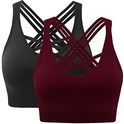 ANGOOL Damen Sport BH ohne Bügel Gepolstert Yoga Bra Kreuz Rücken Sport Bustier für Jogging Fitness, Schwarz+weinrot, M von ANGOOL