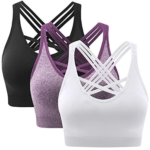 ANGOOL Damen Sport BH ohne Bügel Gepolstert Yoga Bra Kreuz Rücken Sport Bustier für Jogging Fitness, Schwarz+weiß+violett, L von ANGOOL