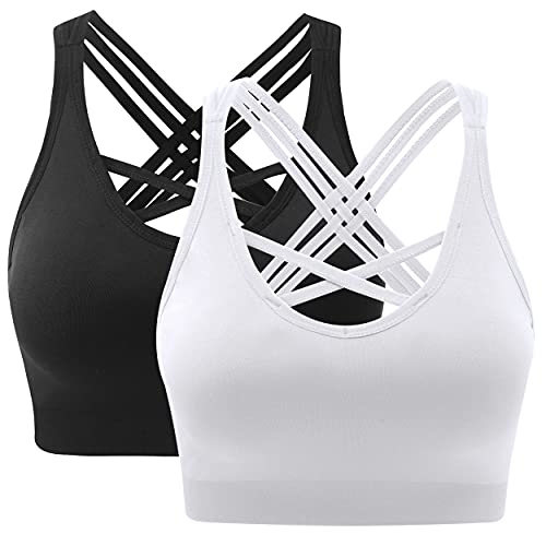 ANGOOL Damen Sport BH ohne Bügel Gepolstert Yoga Bra Kreuz Rücken Sport Bustier für Jogging Fitness, Schwarz+weiß, M von ANGOOL