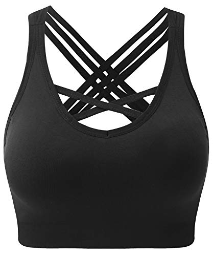 ANGOOL Damen Sport BH ohne Bügel Gepolstert Yoga Bra Kreuz Rücken Sport Bustier für Jogging Fitness, Schwarz, L von ANGOOL