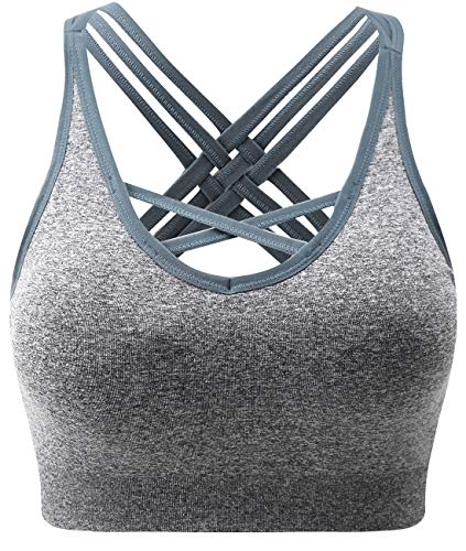 ANGOOL Damen Sport BH ohne Bügel Gepolstert Yoga Bra Kreuz Rücken Sport Bustier für Jogging Fitness , Grau , L von ANGOOL