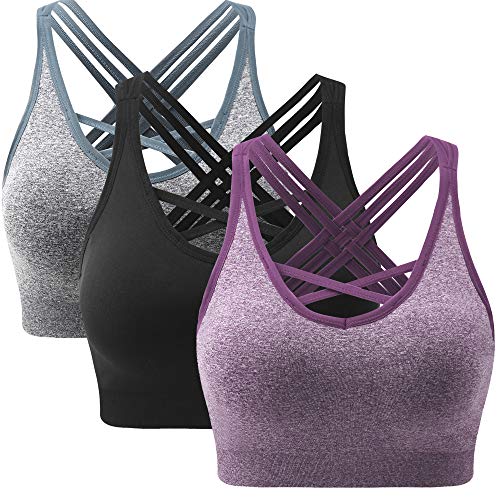 ANGOOL Damen Sport BH ohne Bügel Gepolstert Yoga Bra Kreuz Rücken Sport Bustier für Jogging Fitness , Schwarz+grau+violett , S von ANGOOL