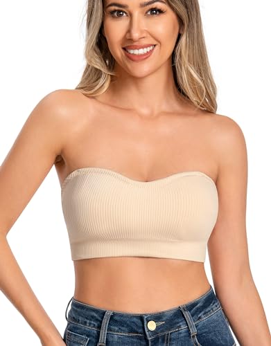 ANGOOL Damen Trägerloser BH Push Up ohne Bügel Bandeau Top Damen Gepolsterter Seamless Ribbed Rutschfestes Silikon mit Transparenten Trägern, Beige, M von ANGOOL