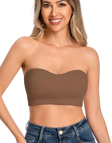 ANGOOL Damen Trägerloser BH Push Up ohne Bügel Bandeau Top Damen Gepolsterter Seamless Ribbed Rutschfestes Silikon mit Transparenten Trägern, Braun, L von ANGOOL