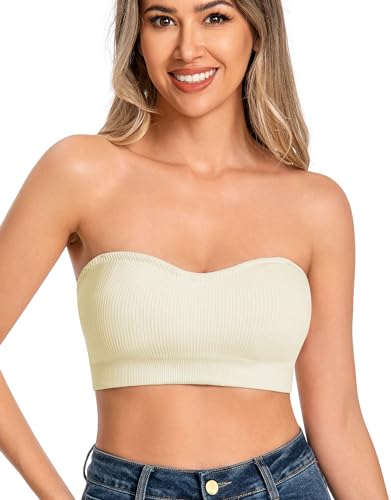 ANGOOL Damen Trägerloser BH Push Up ohne Bügel Bandeau Top Damen Gepolsterter Seamless Ribbed Rutschfestes Silikon mit Transparenten Trägern, Haut weiß, L von ANGOOL