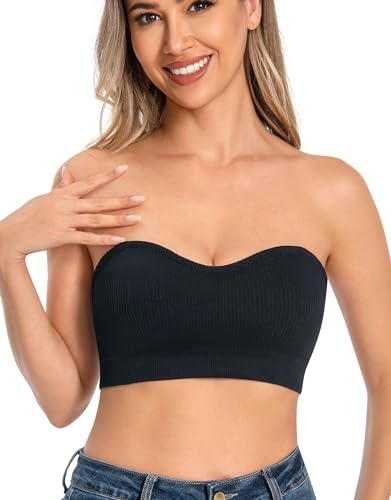 ANGOOL Damen Trägerloser BH Push Up ohne Bügel Bandeau Top Damen Gepolsterter Seamless Ribbed Rutschfestes Silikon mit Transparenten Trägern, Schwarz, M von ANGOOL