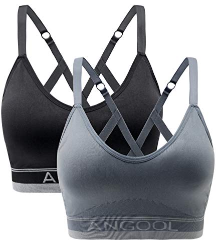 ANGOOL Sport BH Damen Einstellbarer Schultergurt Sport Bustier Damen Gepolstert Starker Halt Nahtlose Joggen Yoga Fitness Bra, 2er Pack, Schwarz + grau, L von ANGOOL