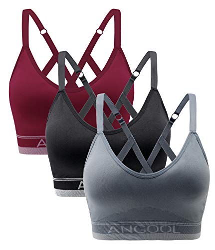 ANGOOL Sport BH Damen Einstellbarer Schultergurt Sport Bustier Damen Gepolstert Starker Halt Nahtlose Joggen Yoga Fitness Bra, 3er Pack, Schwarz + grau + rot, M von ANGOOL