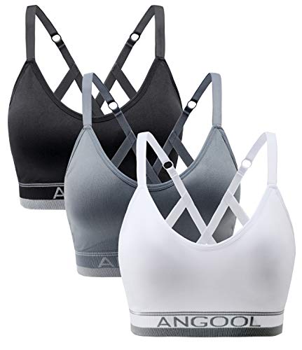 ANGOOL Sport BH Damen Einstellbarer Schultergurt Sport Bustier Damen Gepolstert Starker Halt Nahtlose Joggen Yoga Fitness Bra, 3er Pack, Schwarz + grau + weiß, L von ANGOOL