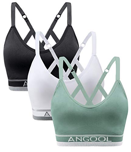 ANGOOL Sport BH Damen Einstellbarer Schultergurt Sport Bustier Damen Gepolstert Starker Halt Nahtlose Joggen Yoga Fitness Bra, 3er Pack, Schwarz + weiß + grün, M von ANGOOL