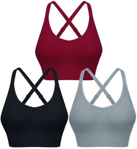 ANGOOL Sport BH Damen Starker Halt Push Up Einstellbarer Schultergurt Sport Bustier Damen Gepolstert Nahtlose Bienenwabe Sports Bras Ohne Bügel Joggen Yoga Fitness, Schwarz+grau+rot, M von ANGOOL