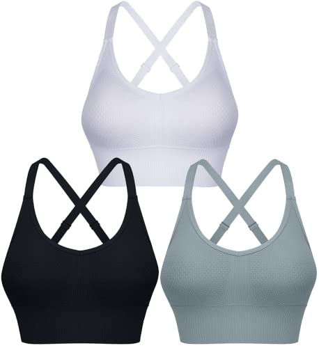 ANGOOL Sport BH Damen Starker Halt Push Up Einstellbarer Schultergurt Sport Bustier Damen Gepolstert Nahtlose Bienenwabe Sports Bras Ohne Bügel Joggen Yoga Fitness, Schwarz+grau+weiß, L von ANGOOL