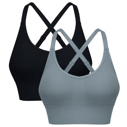 ANGOOL Sport BH Damen Starker Halt Push Up Einstellbarer Schultergurt Sport Bustier Damen Gepolstert Nahtlose Bienenwabe Sports Bras Ohne Bügel Joggen Yoga Fitness, Schwarz+grau, L von ANGOOL