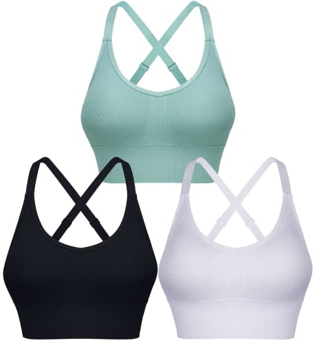 ANGOOL Sport BH Damen Starker Halt Push Up Einstellbarer Schultergurt Sport Bustier Damen Gepolstert Nahtlose Bienenwabe Sports Bras Ohne Bügel Joggen Yoga Fitness, Schwarz+weiß+grün, L von ANGOOL