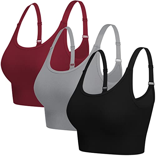 ANGOOL Sport BH Damen Starker Halt Push Up Einstellbarer Schultergurt Sport Bustier Damen Gepolstert Nahtlose Ribbed Sports Bras Ohne Bügel Joggen Yoga Fitness, Schwarz+grau+rot, L von ANGOOL