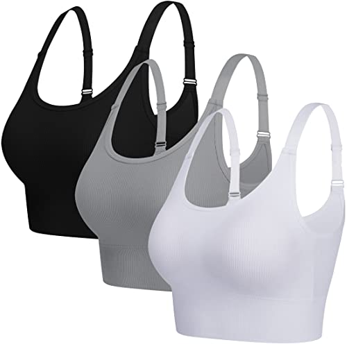 ANGOOL Sport BH Damen Starker Halt Push Up Einstellbarer Schultergurt Sport Bustier Damen Gepolstert Nahtlose Ribbed Sports Bras Ohne Bügel Joggen Yoga Fitness, Schwarz+grau+weiß, S von ANGOOL