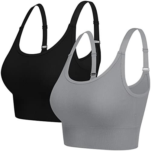 ANGOOL Sport BH Damen Starker Halt Push Up Einstellbarer Schultergurt Sport Bustier Damen Gepolstert Nahtlose Ribbed Sports Bras Ohne Bügel Joggen Yoga Fitness, Schwarz+grau, L von ANGOOL