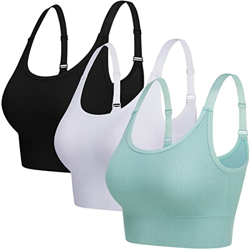 ANGOOL Sport BH Damen Starker Halt Push Up Einstellbarer Schultergurt Sport Bustier Damen Gepolstert Nahtlose Ribbed Sports Bras Ohne Bügel Joggen Yoga Fitness, Schwarz+weiß+grün, L von ANGOOL