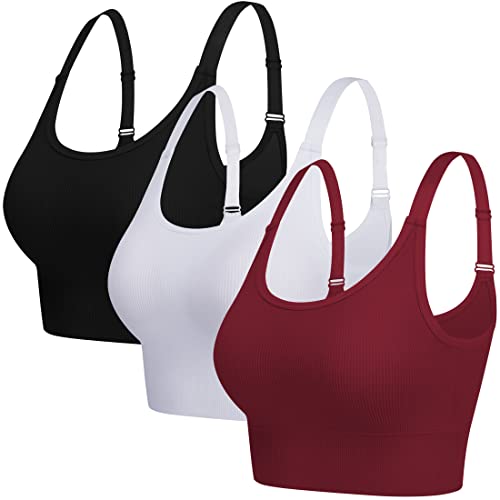 ANGOOL Sport BH Damen Starker Halt Push Up Einstellbarer Schultergurt Sport Bustier Damen Gepolstert Nahtlose Ribbed Sports Bras Ohne Bügel Joggen Yoga Fitness, Schwarz+weiß+rot, L von ANGOOL