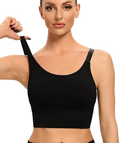 ANGOOL Sport BH Damen Starker Halt Push Up Einstellbarer Schultergurt Sport Bustier Damen Gepolstert Nahtlose Ribbed Sports Bras Ohne Bügel Joggen Yoga Fitness, Schwarz, L von ANGOOL