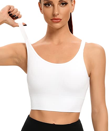 ANGOOL Sport BH Damen Starker Halt Push Up Einstellbarer Schultergurt Sport Bustier Damen Gepolstert Nahtlose Ribbed Sports Bras Ohne Bügel Joggen Yoga Fitness, Weiß, S von ANGOOL