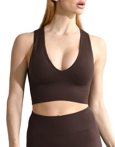 ANGOOL Sport BH Damen V-Ausschnitt Tank Top Damen Ribbed Mittlerer Halt Crop Top Gepolstert Seamless für Yoga Fitness Joggen Alltägliche Oberteile, Braun, L von ANGOOL