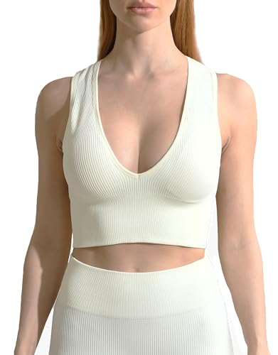 ANGOOL Sport BH Damen V-Ausschnitt Tank Top Damen Ribbed Mittlerer Halt Crop Top Gepolstert Seamless für Yoga Fitness Joggen Alltägliche Oberteile, Elfenbeinweiß, L von ANGOOL