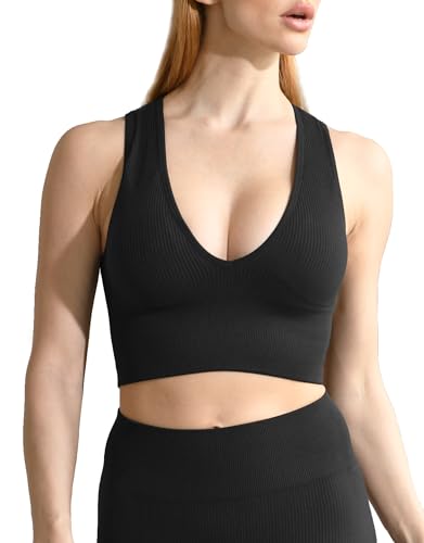 ANGOOL Sport BH Damen V-Ausschnitt Tank Top Damen Ribbed Mittlerer Halt Crop Top Gepolstert Seamless für Yoga Fitness Joggen Alltägliche Oberteile, Schwarz, S von ANGOOL