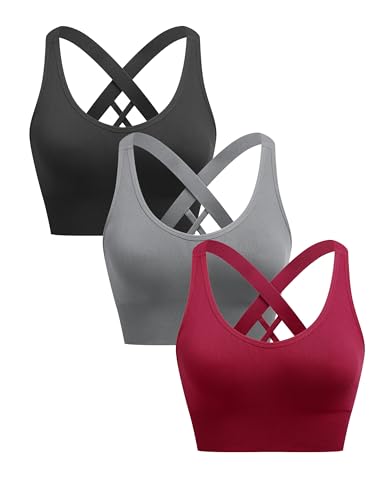 ANGOOL Sport BH Damen ohne Bügel Push Up BH Starker Halt Sport Bustier Damen Gepolstert Crossback Seamless Yoga Joggen Gym Sports Bra, Schwarz+Grau+Weinrot, L von ANGOOL