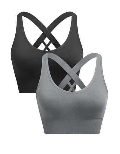 ANGOOL Sport BH Damen ohne Bügel Push Up BH Starker Halt Sport Bustier Damen Gepolstert Crossback Seamless Yoga Joggen Gym Sports Bra, Schwarz+Grau, L von ANGOOL