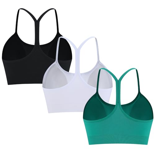 ANGOOL Sport BH Damen ohne Bügel Racerback Spaghetti Träger Sport Bustier Damen Gepolstert Seamless Y-Rücken Abnehmbare Cup für Low-Impact Training, Schwarz+Weiß+Grün, M von ANGOOL