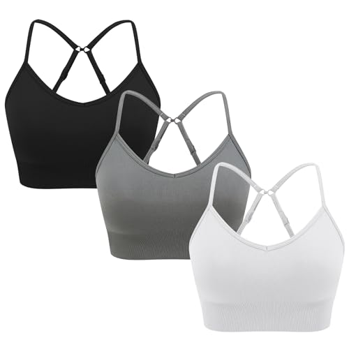 ANGOOL Sport BH Damen ohne Bügel Verstellbarer Spaghetti Träger Sport Bustier Damen Gepolstert Seamless Umwandelbar in Crossback, Schwarz+Grau+Weiß, M von ANGOOL