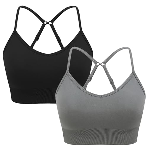 ANGOOL Sport BH Damen ohne Bügel Verstellbarer Spaghetti Träger Sport Bustier Damen Gepolstert Seamless Umwandelbar in Crossback, Schwarz+Grau, XL von ANGOOL