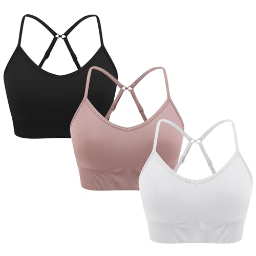 ANGOOL Sport BH Damen ohne Bügel Verstellbarer Spaghetti Träger Sport Bustier Damen Gepolstert Seamless Umwandelbar in Crossback, Schwarz+Lila+Weiß, XL von ANGOOL