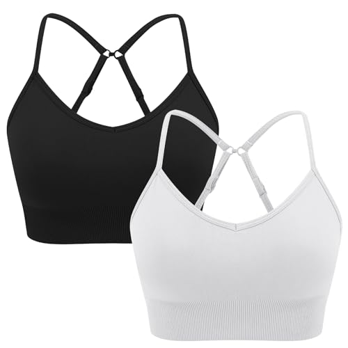 ANGOOL Sport BH Damen ohne Bügel Verstellbarer Spaghetti Träger Sport Bustier Damen Gepolstert Seamless Umwandelbar in Crossback, Schwarz+Weiß, L von ANGOOL