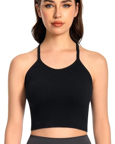 ANGOOL Tank Top Damen Sport Racerback Rippenstrick Ungepolstert Crop Top Seamless Elastische Ärmelloses Spaghetti Top Rundhalsausschnitt Sport Top Damen Fitness Yoga Alltagskleidung, Schwarz, M-L von ANGOOL