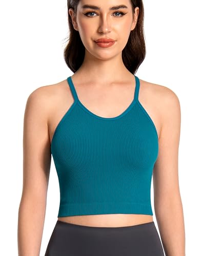 ANGOOL Tank Top Damen Sport Racerback Rippenstrick Ungepolstert Crop Top Seamless Elastische Ärmelloses Spaghetti Top Rundhalsausschnitt Sport Top Damen Fitness Yoga Alltagskleidung, Teal, XS-S von ANGOOL