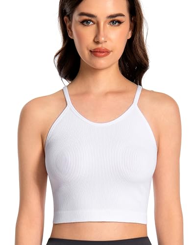 ANGOOL Tank Top Damen Sport Racerback Rippenstrick Ungepolstert Crop Top Seamless Elastische Ärmelloses Spaghetti Top Rundhalsausschnitt Sport Top Damen Fitness Yoga Alltagskleidung, Weiß, M-L von ANGOOL