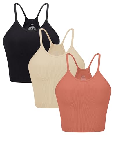 ANGOOL Tank Top Damen Sport Racerback Rippenstrick Ungepolstert Crop Top Seamless Elastische Ärmelloses Spaghetti Top Sport Top Damen Fitness Yoga Alltagskleidung, Schwarz+Koralle+Beige, XS-S von ANGOOL