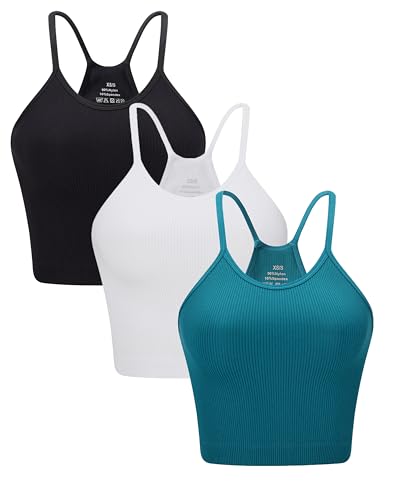 ANGOOL Tank Top Damen Sport Racerback Rippenstrick Ungepolstert Crop Top Seamless Elastische Ärmelloses Spaghetti Top Sport Top Damen Fitness Yoga Alltagskleidung, Schwarz+Weiß+Teal, XS-S von ANGOOL