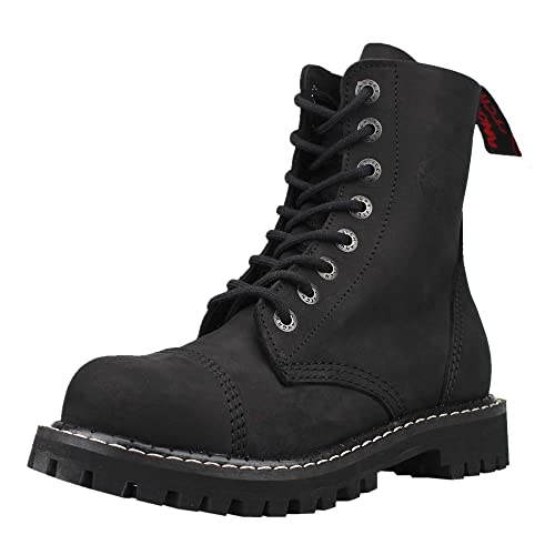 Angry Itch - 8-Loch Gothic Punk Army Ranger Armee Vintage Leder Schwarz Stiefel mit Stahlkappe 36-48 - Made in EU!, Schwarz, 39 EU von ANGRY ITCH