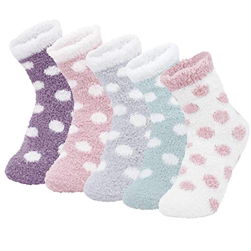 ANGUYA Damen Socken, Kuschelsocken Warme Wintersocken Hausschuhsocken Flauschige Weihnachtssocken Fuzzy Sock Schwester-Geschenk (Tupfen-2 (5 Paare)) von ANGUYA