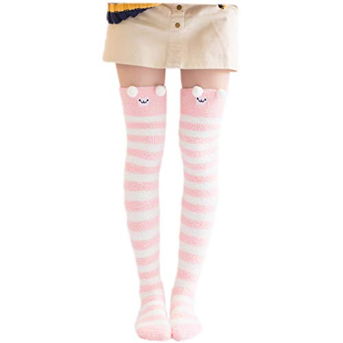 ANGUYA Kawaii Socken Winter Warm Coral Fleece Lange Oberschenkel hohe Socken Damen Tier Modelling Strümpfe Striped Nette Kniestrümpfe medias für Mädchen Frauen (Rosa Lamm (1 Paar)) von ANGUYA