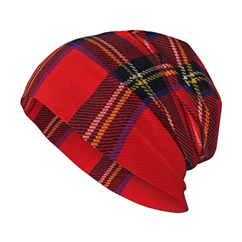 ANGYANG Totenkopfmütze Royal Stewart Tartan Rot Schwarz Kariert Strickmütze Polyester Sturmhaube Slouchy Beanie Mütze Laufmütze von ANGYANG